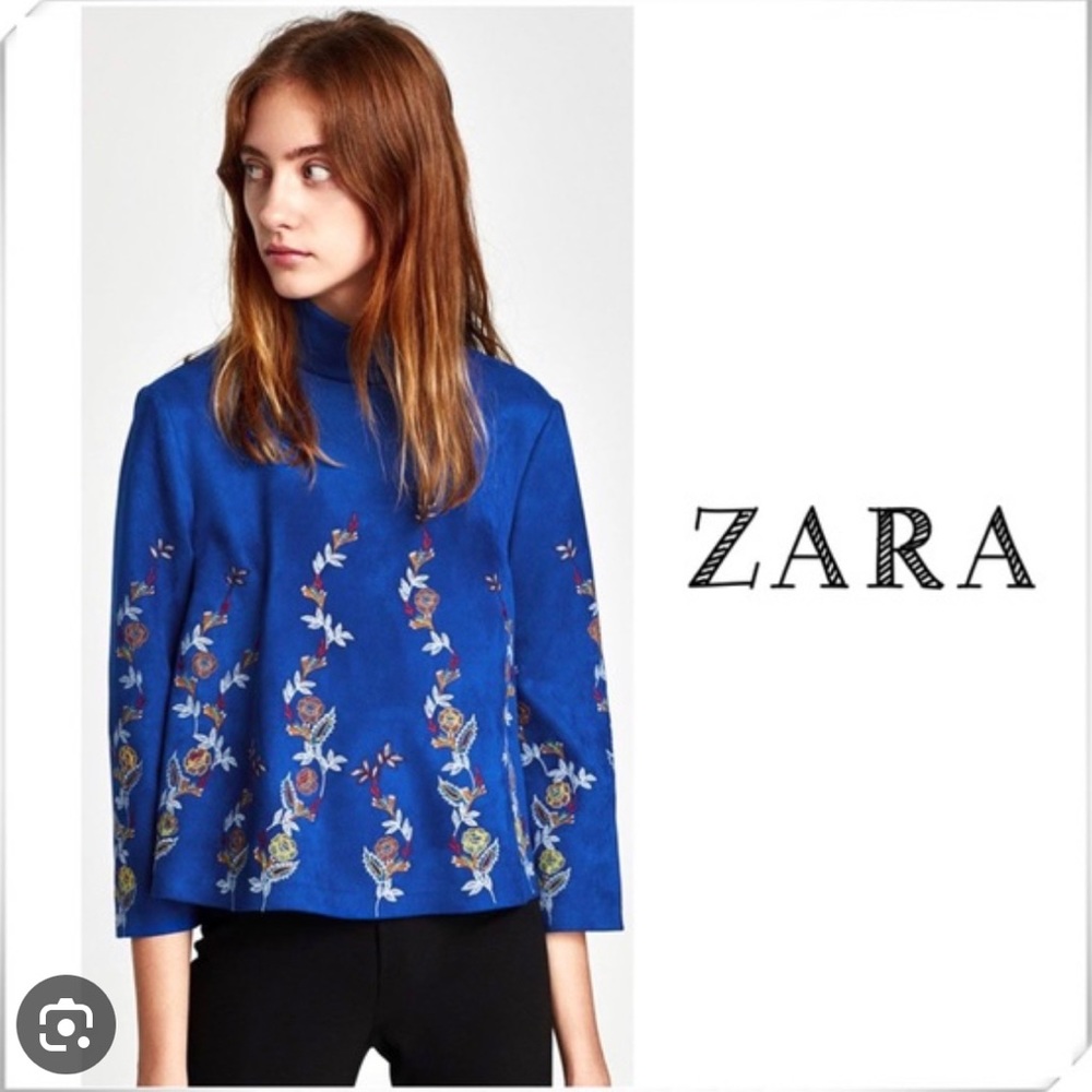 Zara woman blue suede embroidered top